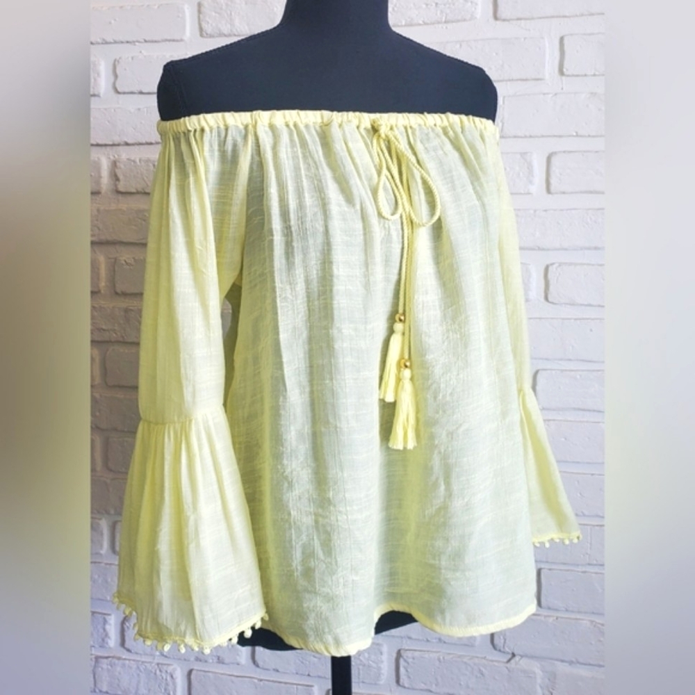 Herve Bernard Off Shoulder Top Blouse Boho Tassel Flowy Rayon Summer Size Medium